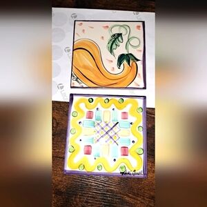 2-Vicki Carroll Ceramic Handpainted 6” Pottery Trivets Signed Spring Fall Style